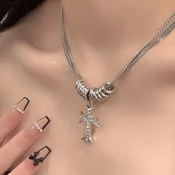 DESIGNER ROCKER CHIC CROSS SILVER/BLACK CRYSTAL LAYERED CHAIN NECKLACE**NEW! - Picture 5 of 5